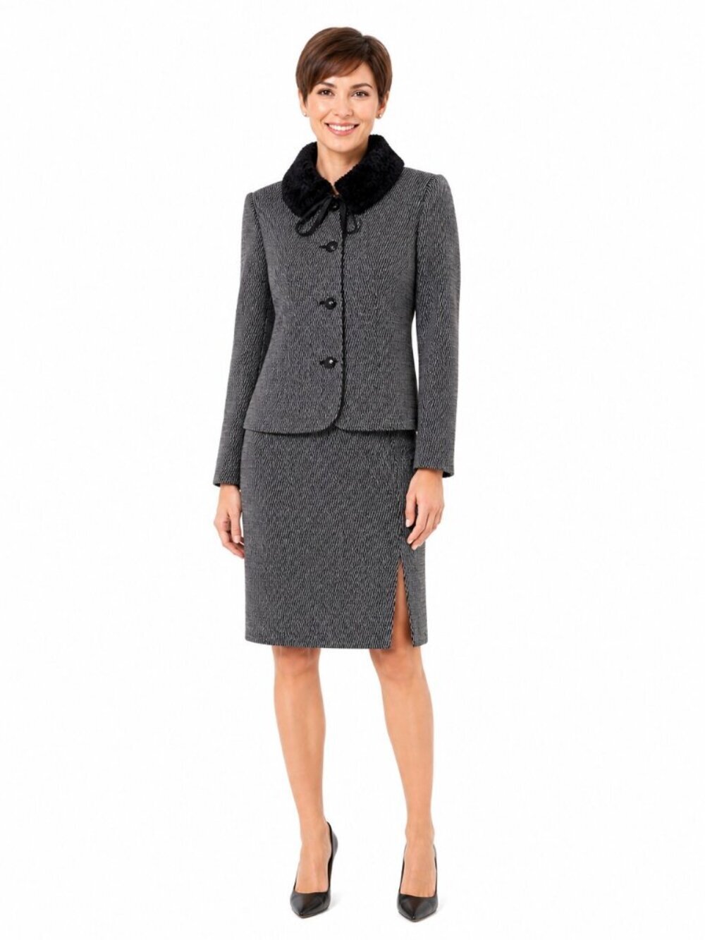 Vintage Louben Black Grey Wool Detachable Collar Skirt Suit